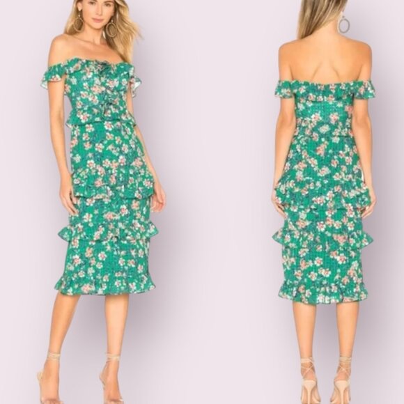 Tularosa Women's Modi Dress Green Flroal Ruffle Offshoulder Size Small